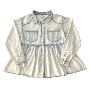 Bibi Pearl Snap Peplum Shirt Women Size L Casual Feminine Relaxed Layer Lived-in